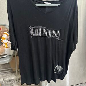 Black V-Neck T-Shirt with Studded Design